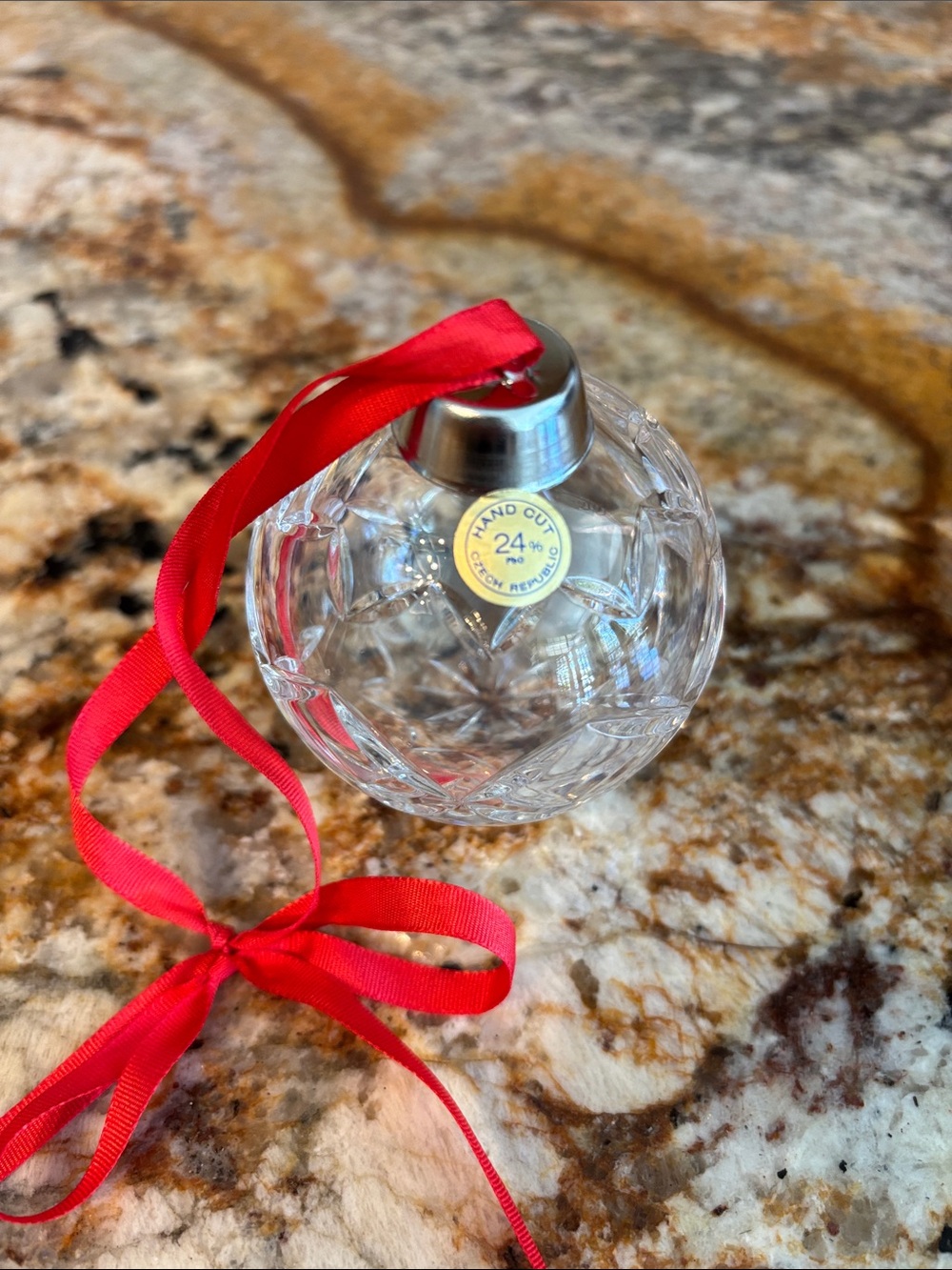 Clear Glass Cut-Pattern Holiday Ornament with Red Ribbon